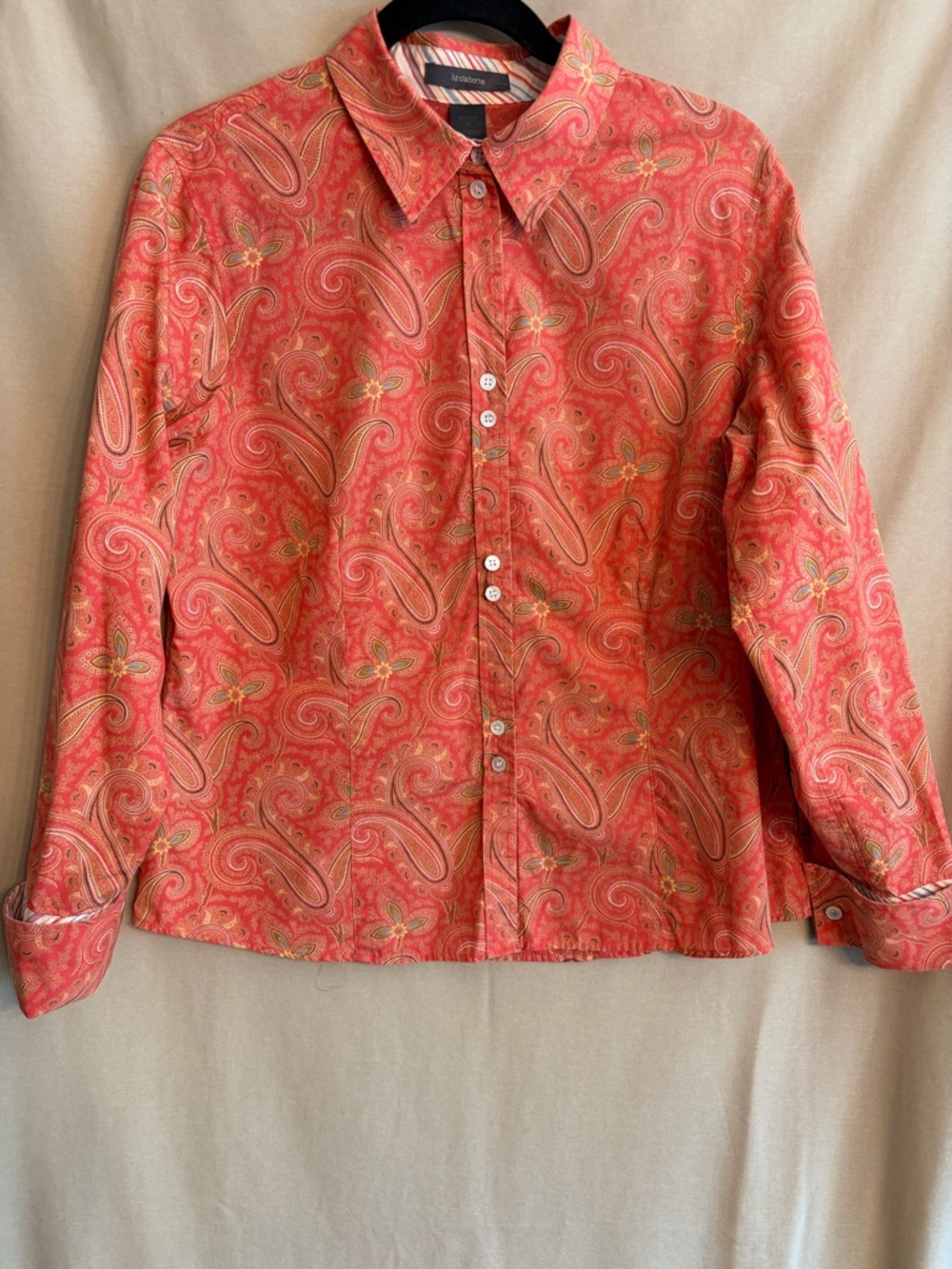 Liz Claiborne Coral Paisley Blouse with Multicolor Stripe Trim 100% Cotton